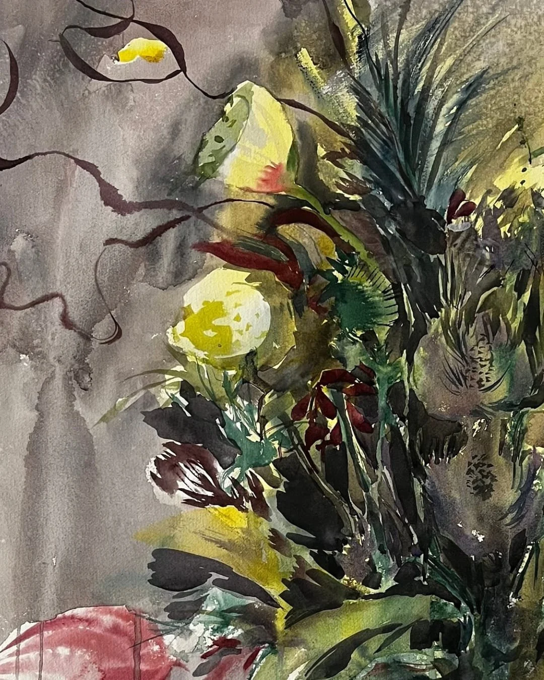 Detail image of watercolour on paper painting titled Fight Club by Canvas Connections artist Susan Olij