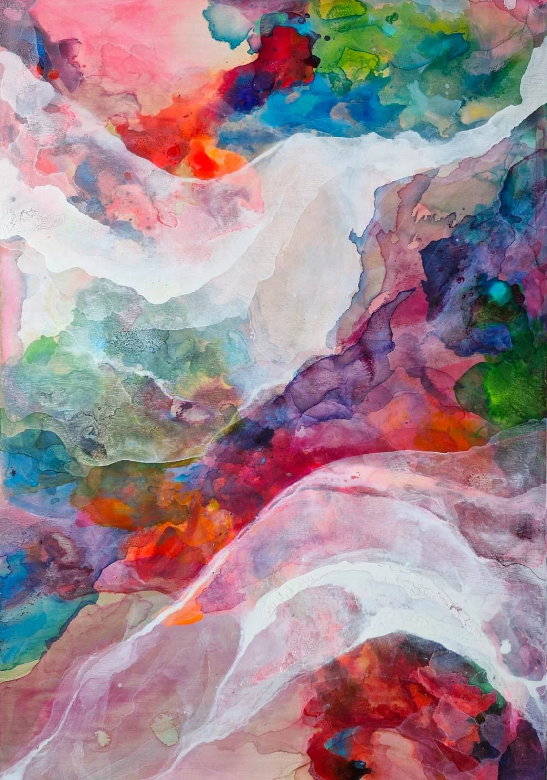 Cascade 1 is a vibrant, layered and textural art by Canvas Connections multidisciplinary artist Aparna Chakravarty