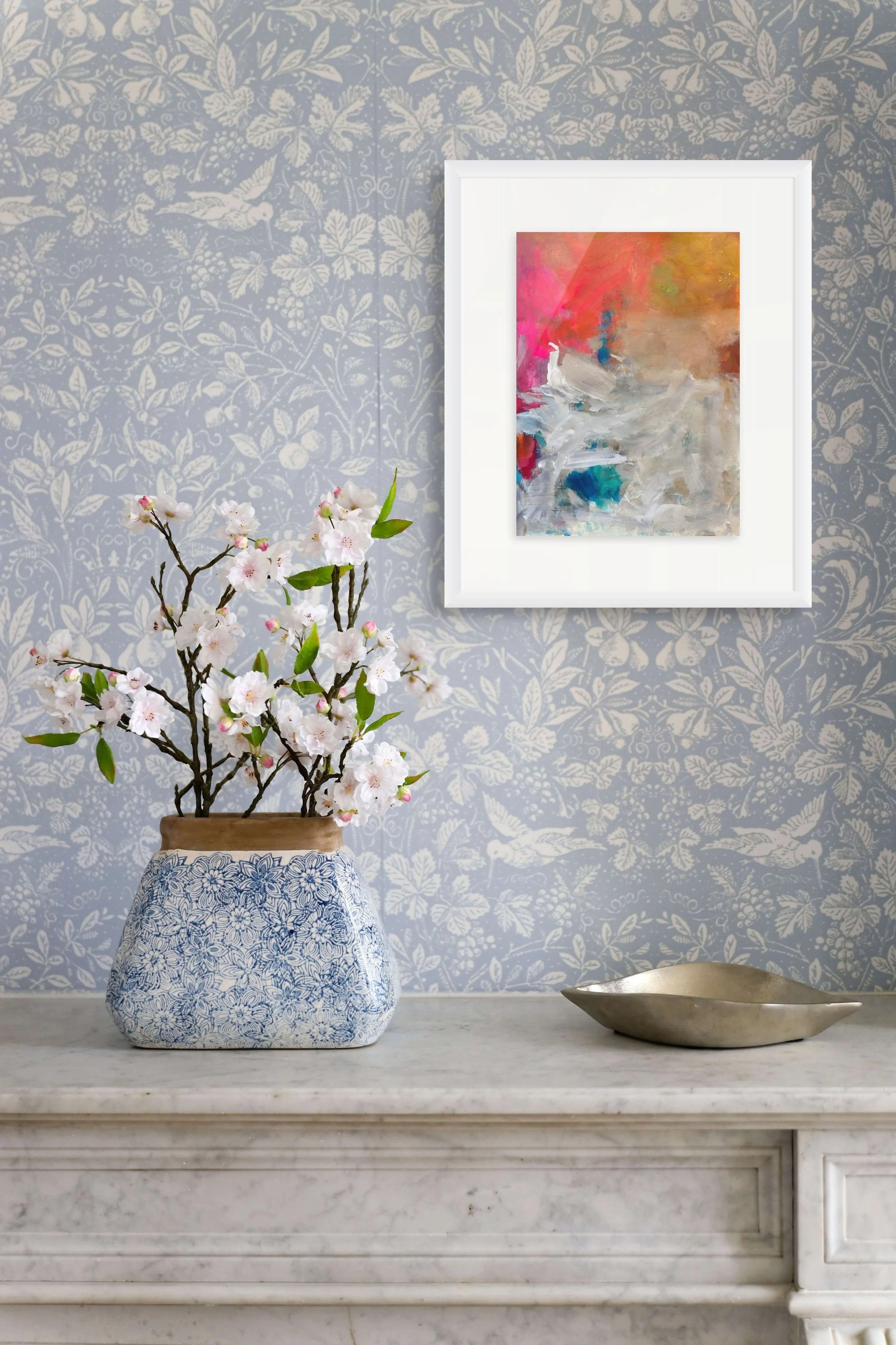 Canvas Connections artist Kavita Chachcha's acrylic on paper artwork Sunset & Sunrise 1. In situ image