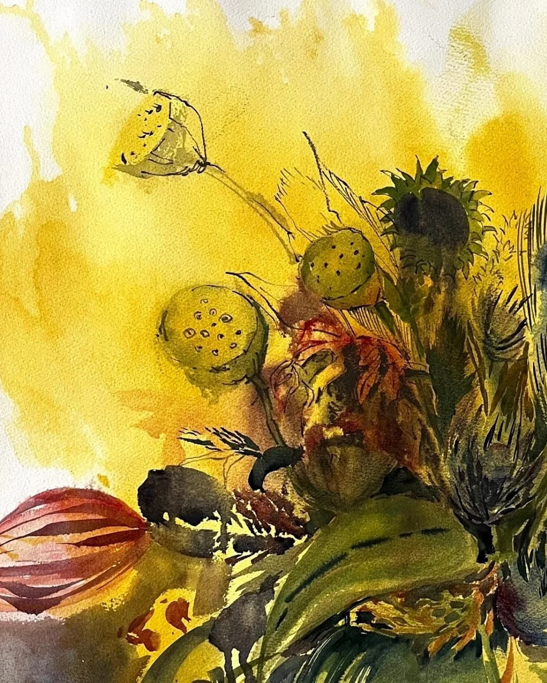 Detail image of watercolour on paper painting titled Cinematic Amelie by Canvas Connections artist Susan Olij