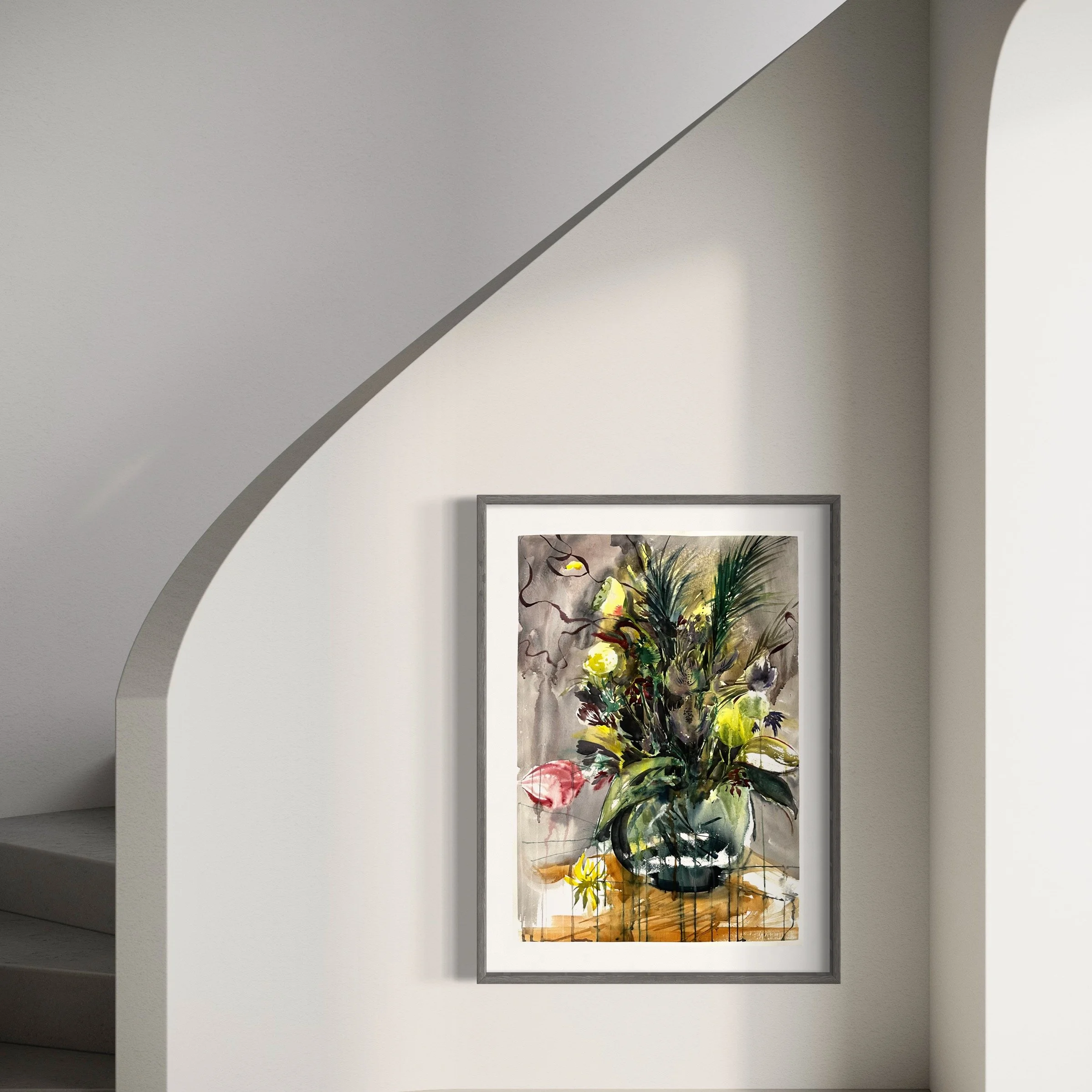 Insitu image of watercolour on paper painting titled Fight Club by Canvas Connections artist Susan Olij