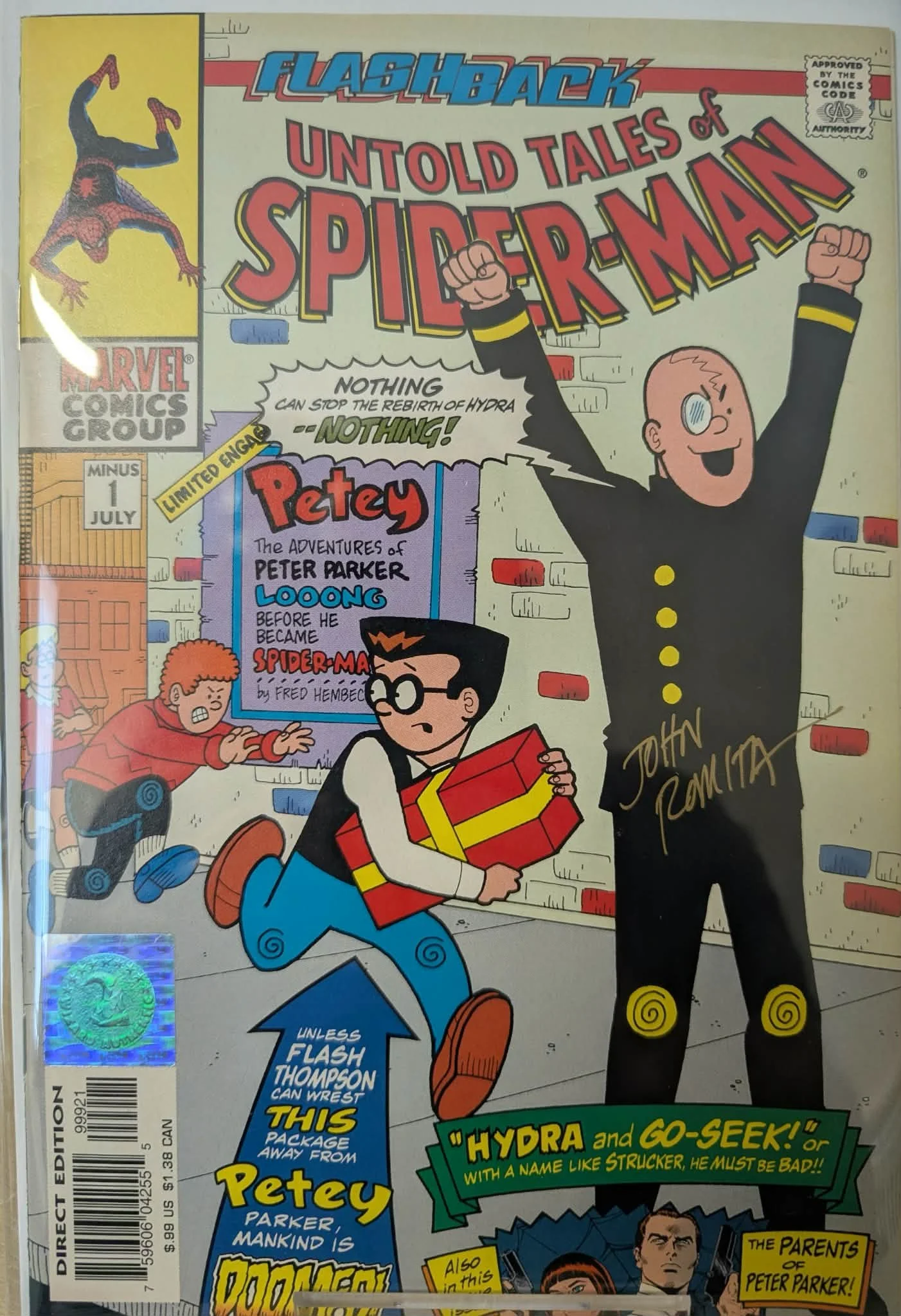 Comic book cover featuring Spider-Man and other characters, with colorful text and illustrations, including Spider-Man swinging and a character holding a gift, with various speech bubbles and titles.