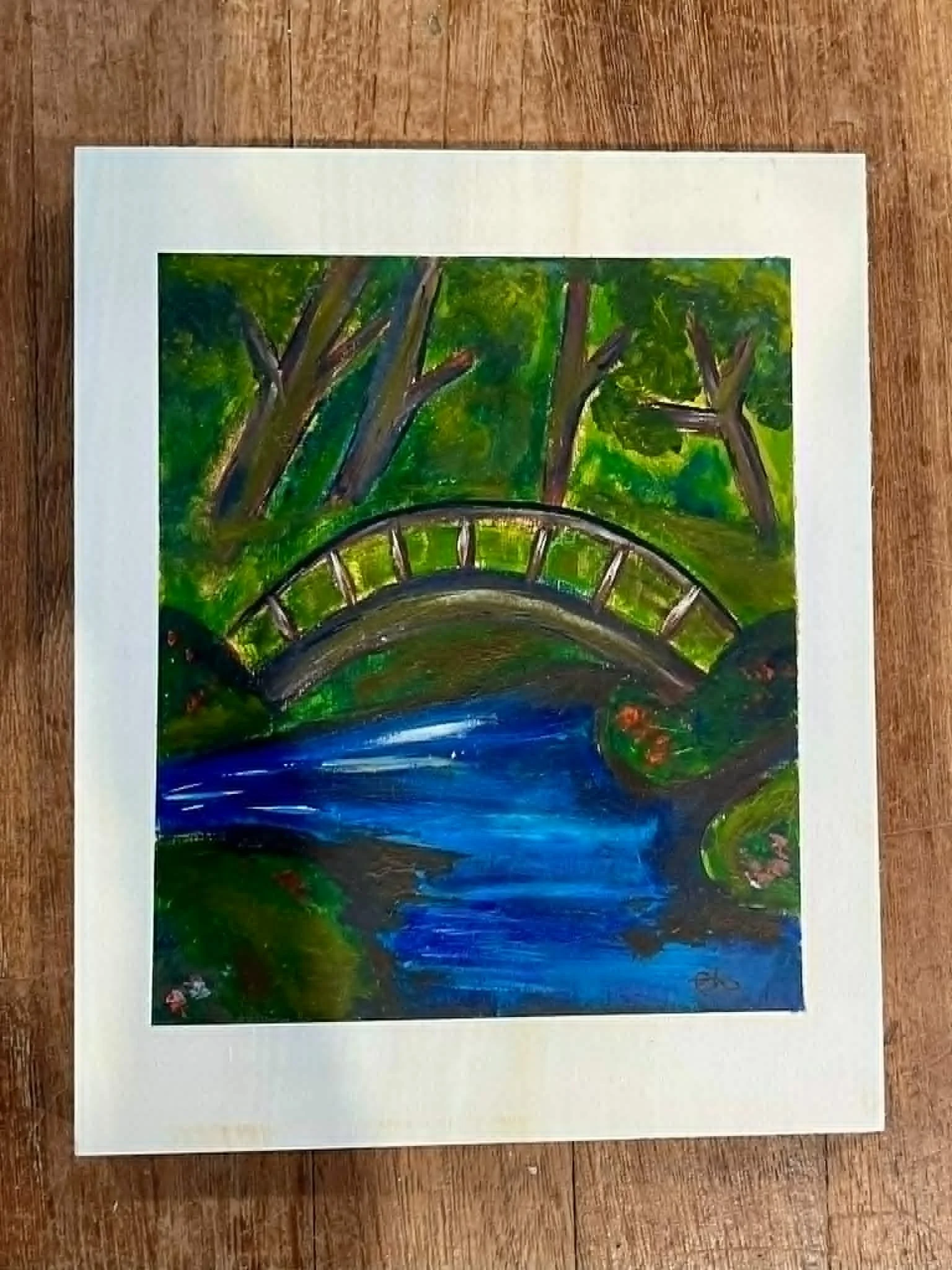 A landscape painting featuring a bridge over a river with green trees in the background.