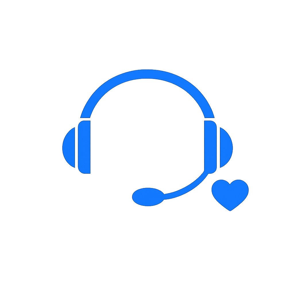 Blue headset with a microphone and a heart symbol, representing customer support or call center service.