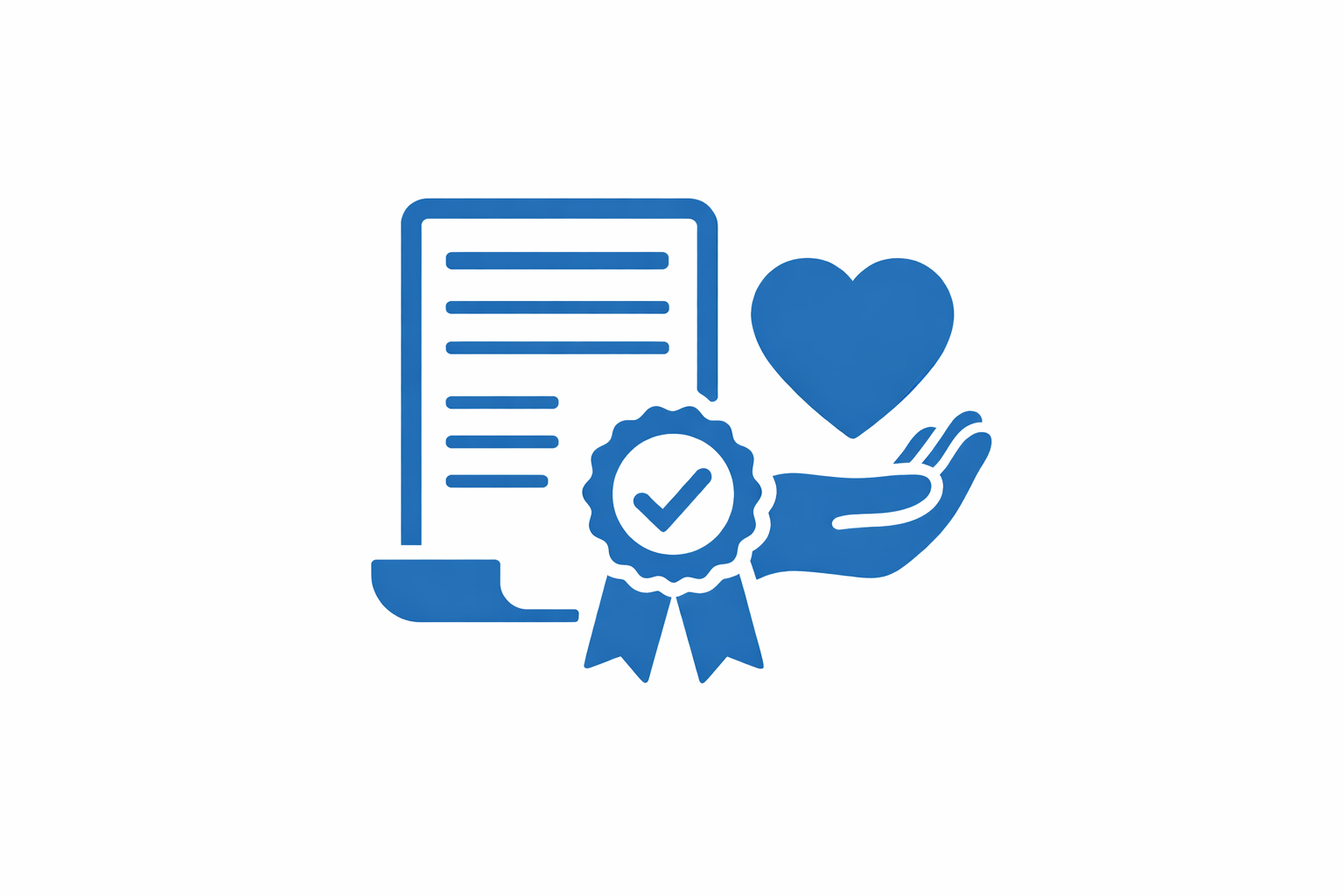 Blue icon of a document, a checkmark badge, a hand, and a heart, symbolizing certification, approval, care, and love.