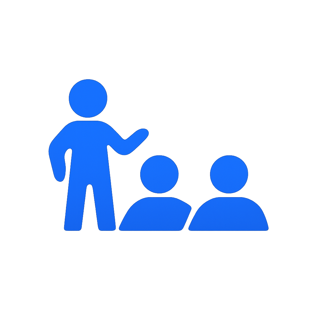 Blue icon of a person standing in front of a presentation board with two seated people, indicating a presentation or teaching scenario.