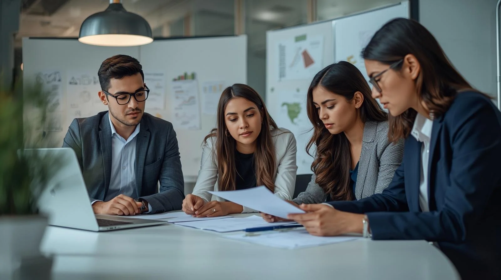 Four professionals in business attire engaging in a discussion at a conference table, with charts and graphs on the presentation boards behind them.