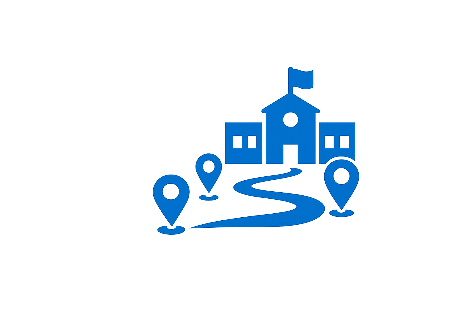 Blue graphic of a schoolhouse with flag on top, connected by a curving road to three location markers, symbolizing navigation to a school.