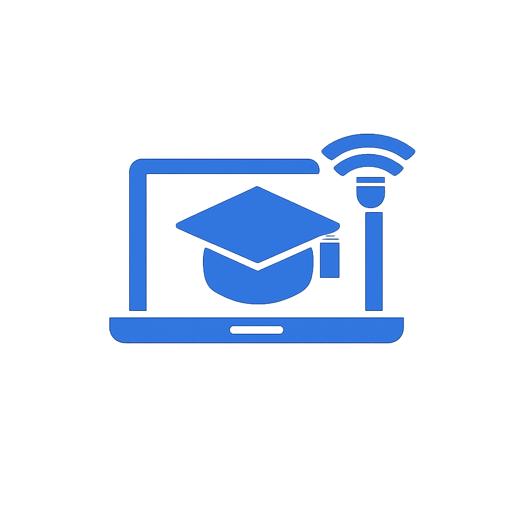 Digital learning icon with a computer displaying a graduation cap and a Wi-Fi signal