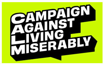 Campaign Against Living Miserably logo with bold black and white text on a green background.