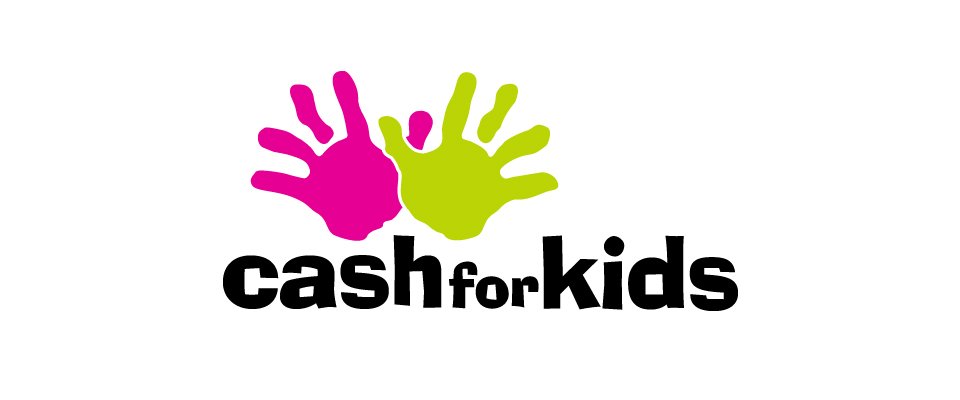Logo with two colorful handprints, pink and green, above the text 'cash for kids' in black and bold.
