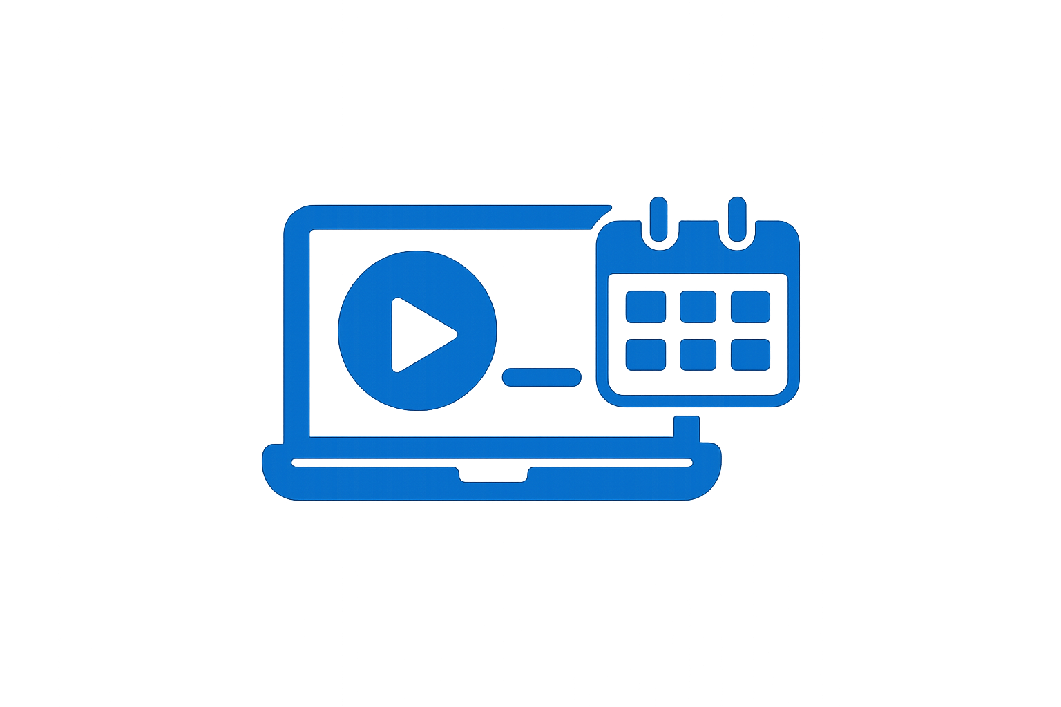Icon of a laptop with a play button on the screen and a calendar beside it, representing scheduling or video content management.