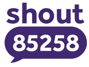 Graphic with purple speech bubble containing the word 'shout' and the number '85258' in bold white text.