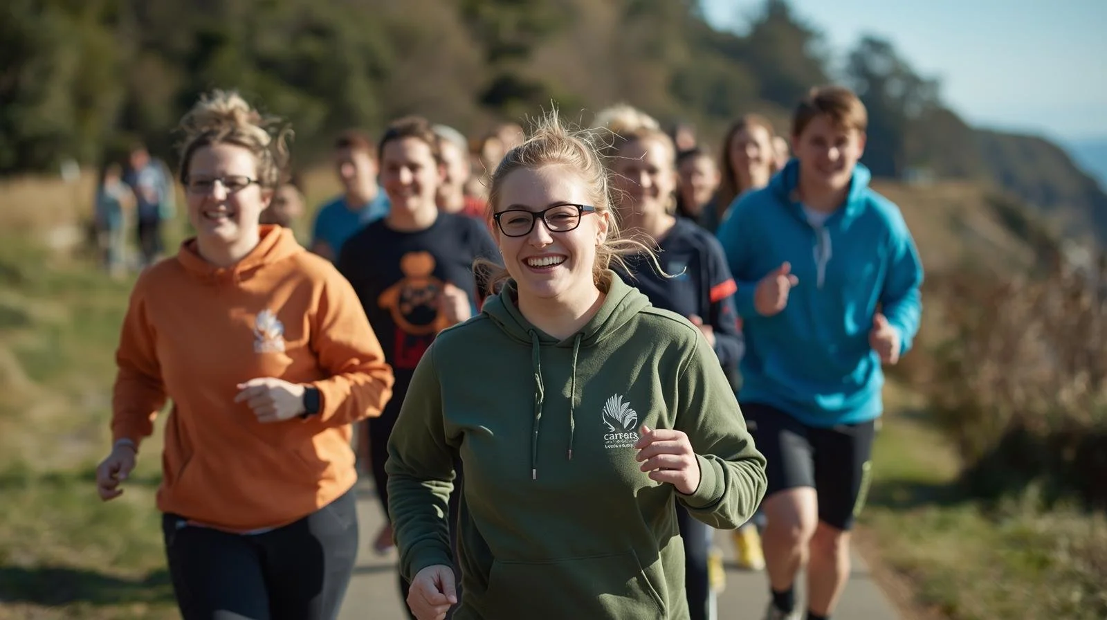 A group of people running outdoors on a trail, smiling and enjoying the activity, with greenery and a scenic landscape in the background.
