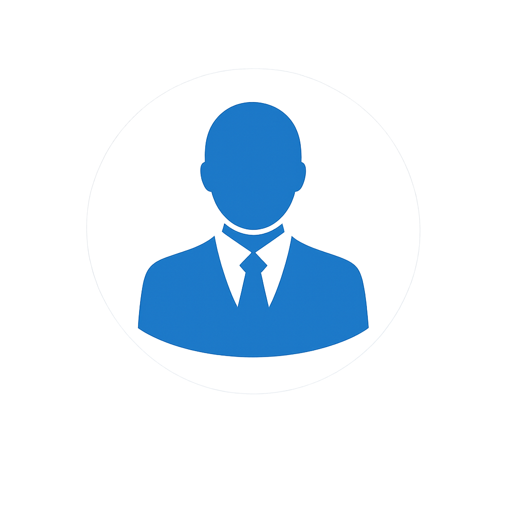 Blue icon of a person wearing a suit and tie inside a circle, representing a user or profile.
