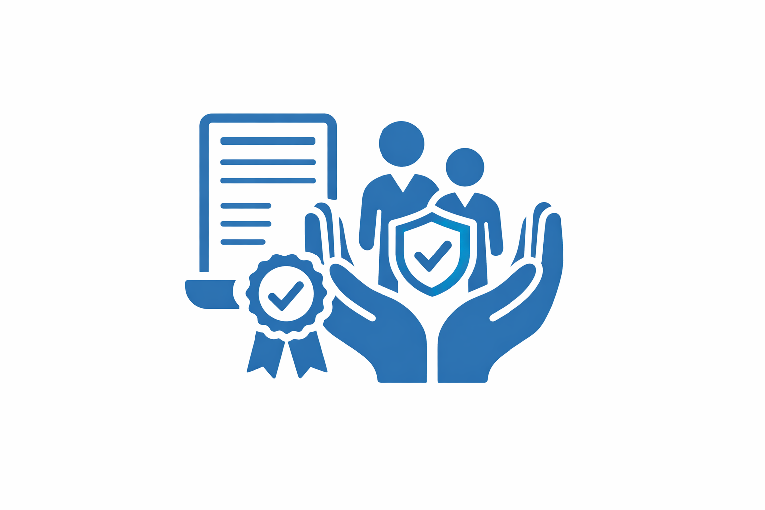 Icon representing healthcare or health insurance, featuring a shield with a checkmark, two people, a certificate with a ribbon, and a hand with a checkmark shield.
