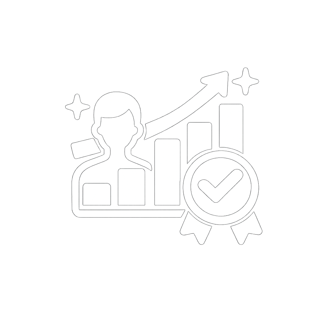 Icon of a person, upward trending bar graph, checkmark badge, and stars representing growth, success, and achievement.