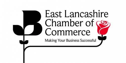 East Lancashire Chamber of Commerce logo with a black stylized flower and a red rose.