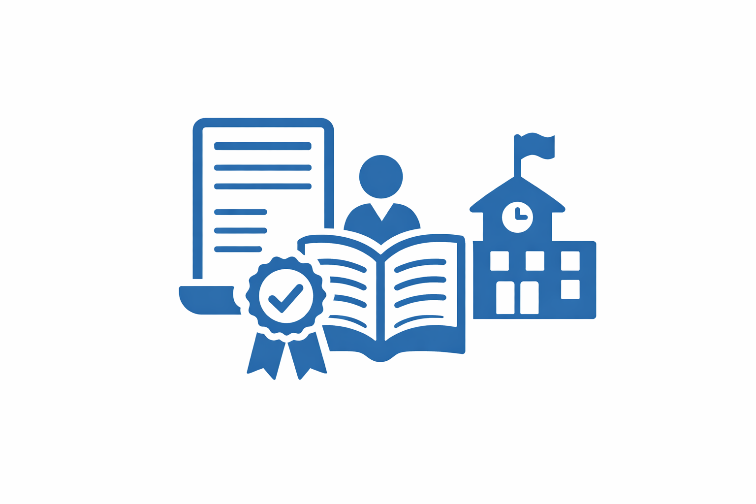 Blue icon depicting a person reading a book with a certificate, a school building with a clock and flag, and a tablet.