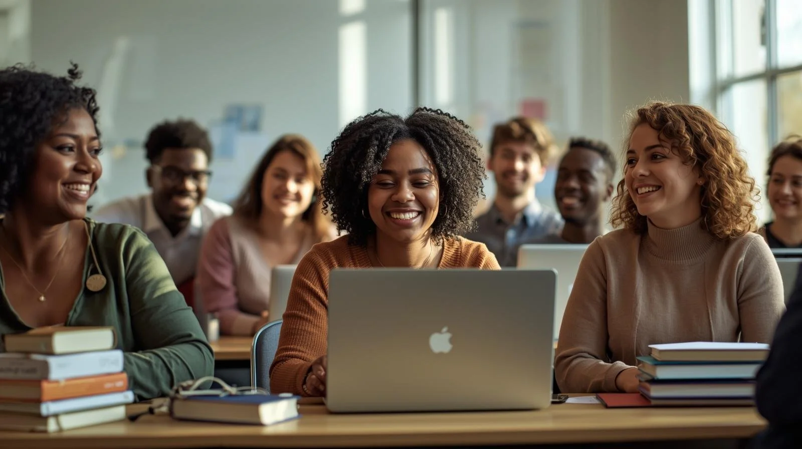 Group of diverse students smiling during class, with laptops and books on desks.