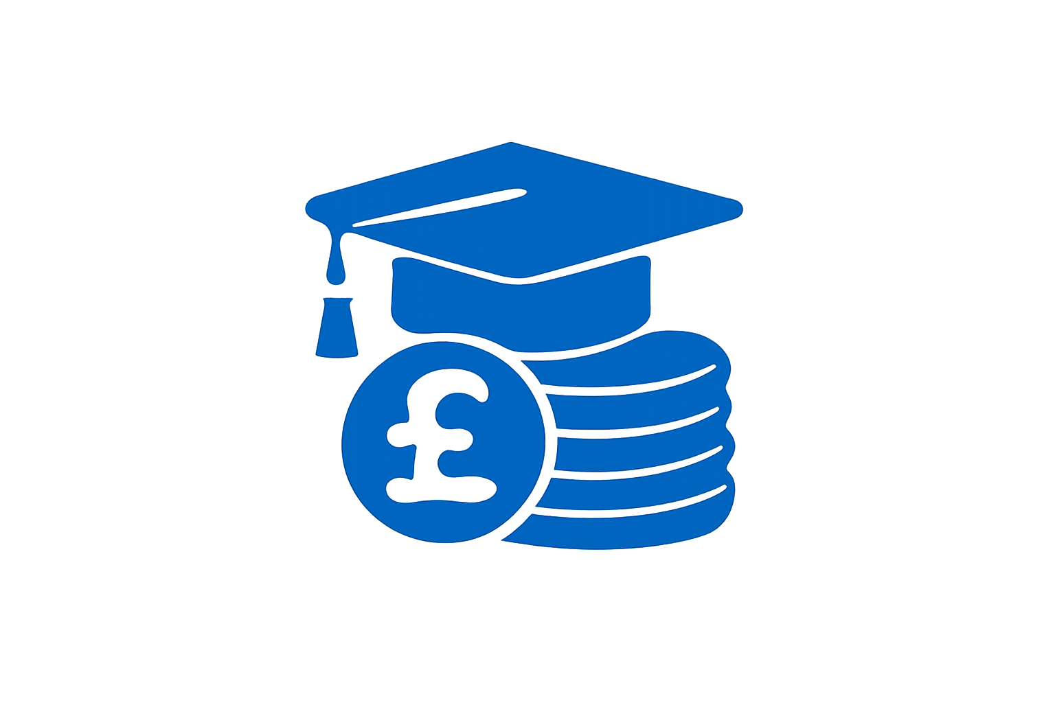 Blue icon of a stack of coins with a dollar sign, topped with a graduation cap, symbolizing financial education or student financial aid.