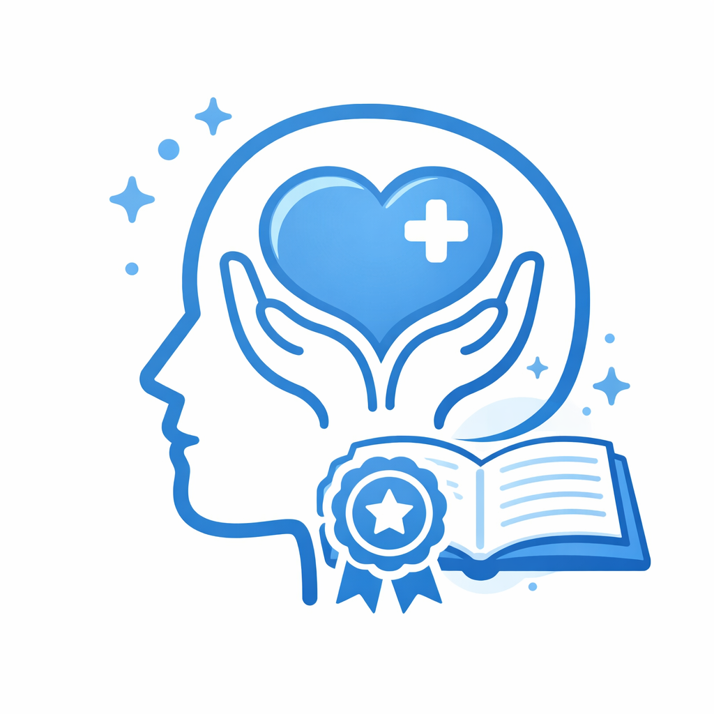A stylized illustration of a human head in profile with a heart and cross inside, hands holding the heart, an open book beneath, and a ribbon badge with a star, all in blue tones, representing health and education.