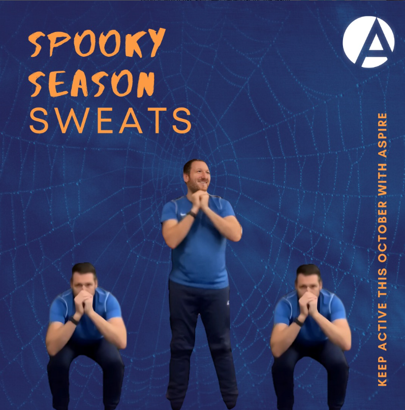 Advertisement for 'Spooky Season Sweats' featuring three men in blue athletic shirts, with a large spiderweb background and the text 'Spooky Season Sweats'. The ad encourages staying active this October with the phrase 'Keep active this October with Aspire'.