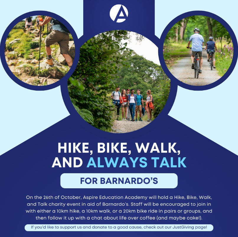 Flyer for charity event with images of people hiking, biking, and walking in nature, promoting outdoor activities and socializing at a charity event.