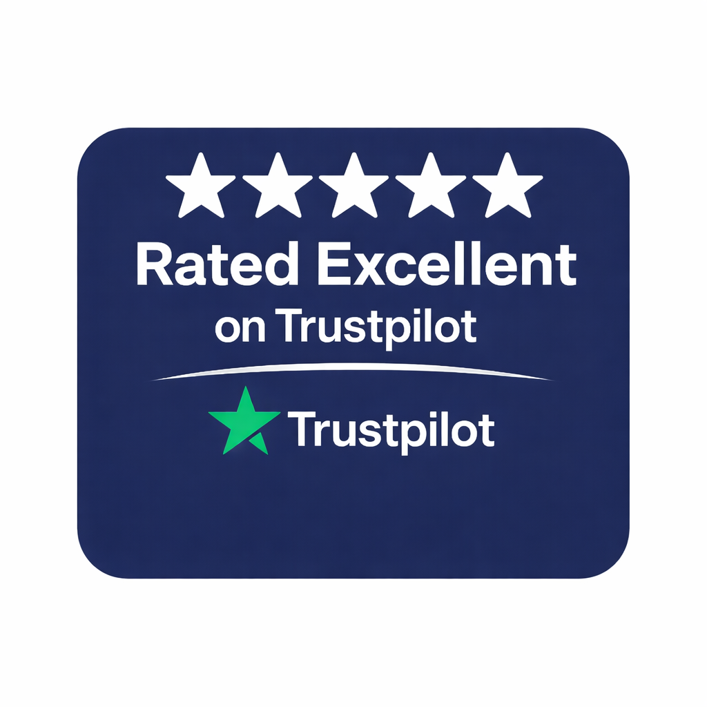 A badge indicating a 5-star rating with the text 'Rated Excellent on Trustpilot' and the Trustpilot logo.