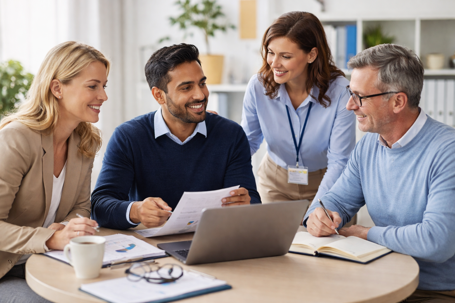 Four people gathered around a table in an office, engaged in a discussion, with documents, a laptop, and a coffee mug on the table.