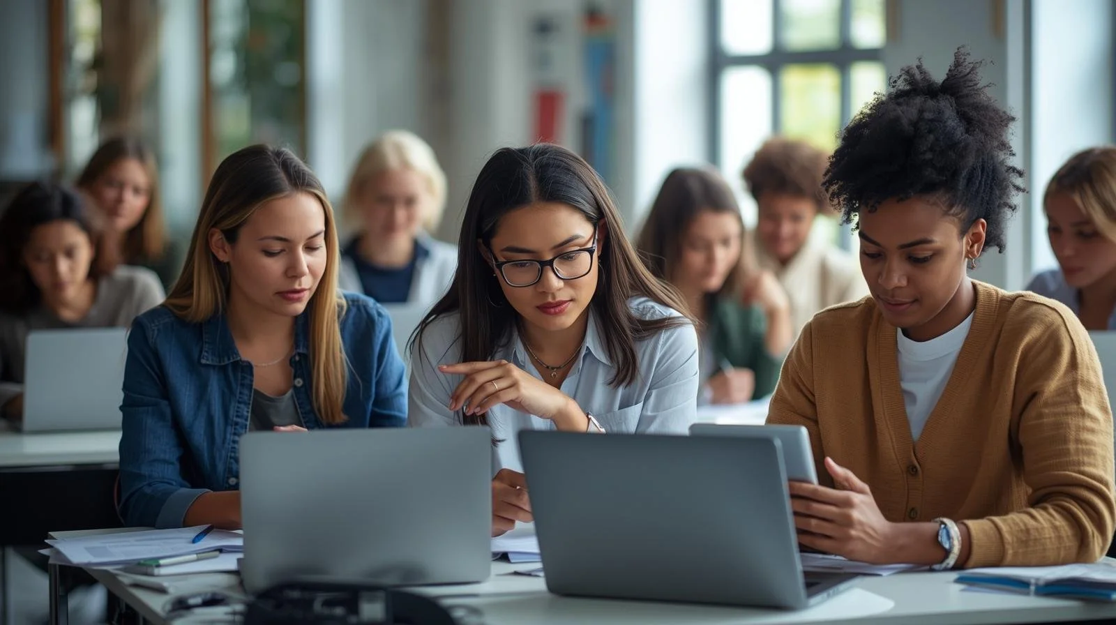 Group of diverse students working on laptops and tablets in classroom.