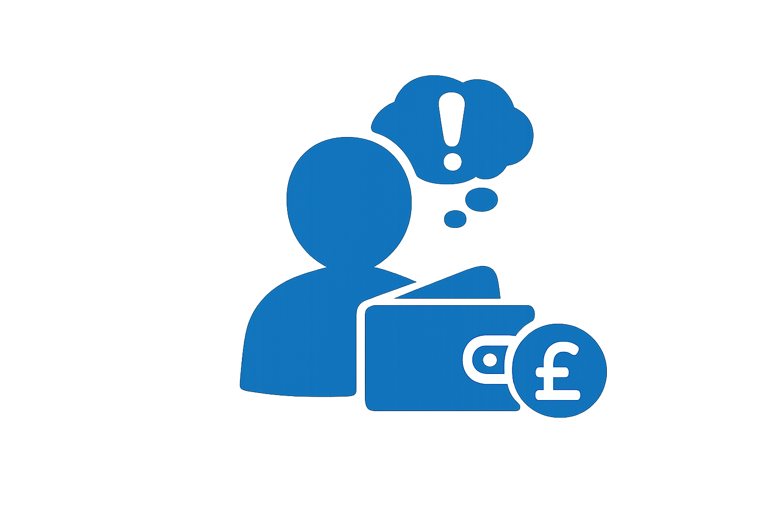 Outline of a person with a thought bubble above their head, a speech bubble, a dollar sign, and a pound sign