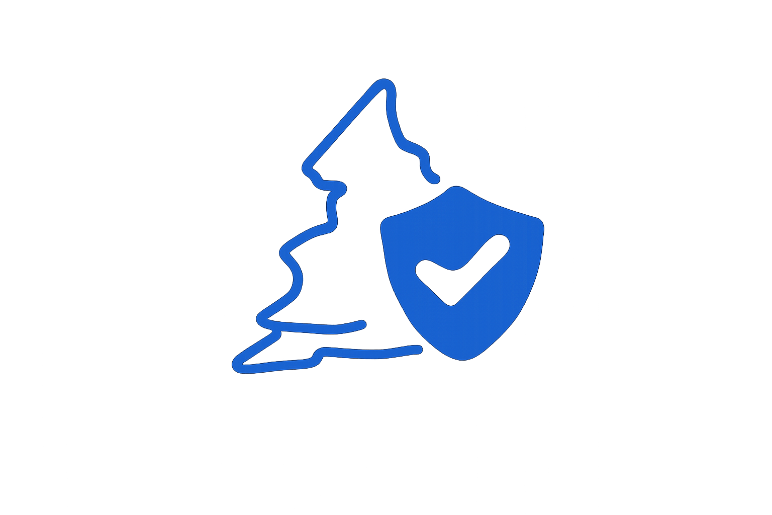 Line drawing of a mountain and a shield with a checkmark, indicating safety or protection.