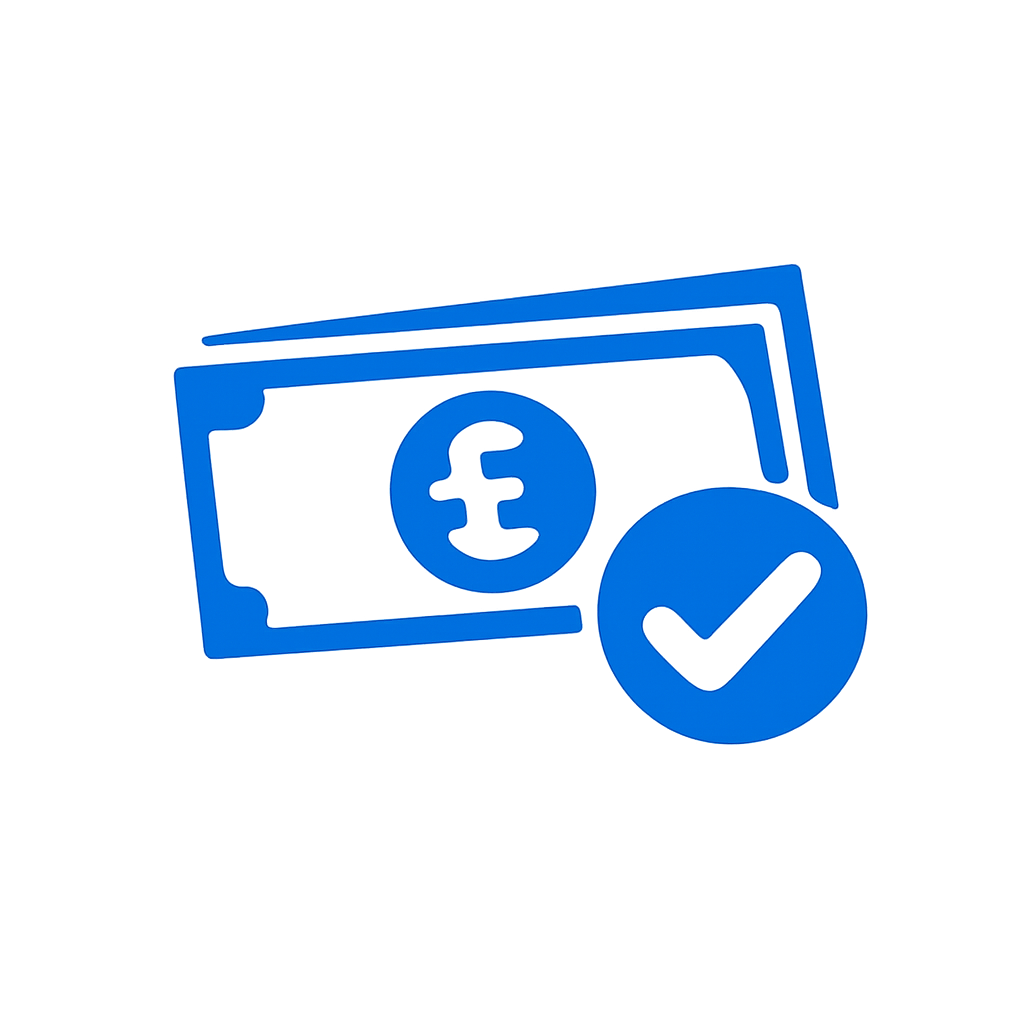 Blue icon of currency notes with a pound sign and a checkmark symbol.
