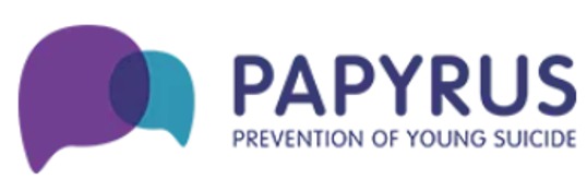 Logo for Papyrus Prevention of Young Suicide, featuring two overlapping speech bubbles in purple and teal beside the organization name.