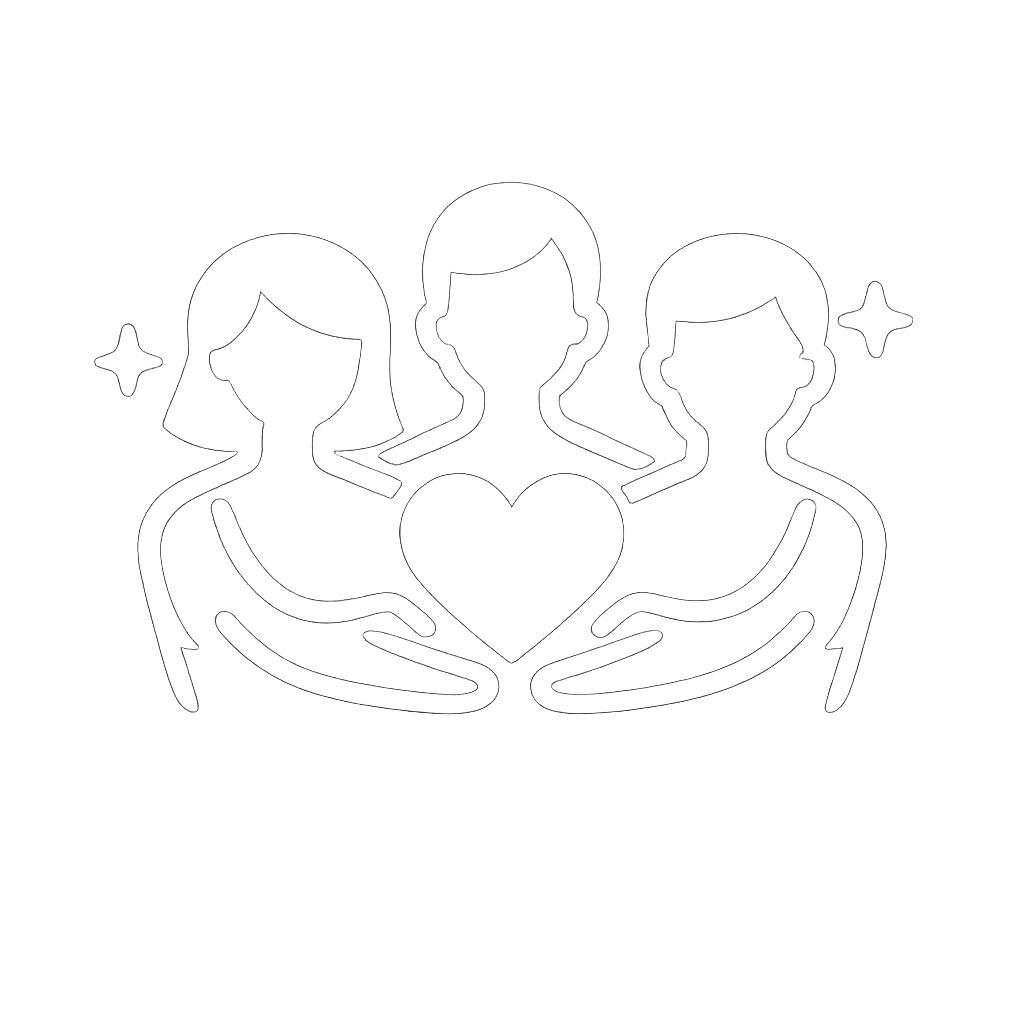 Outline drawing of three people holding a heart, with two star-like symbols on either side, all glowing against a dark background.