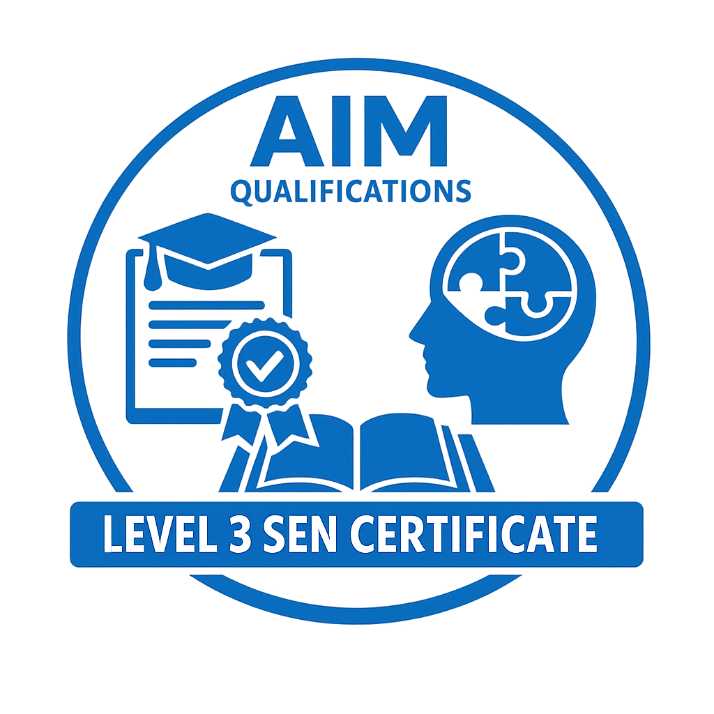 A digital badge or icon displaying 'AIM Qualifications' with a diploma, checkmark, and an open book, indicating certification. Text at the bottom reads 'Level 3 SEN Certificate' in bold white letters on a blue background.