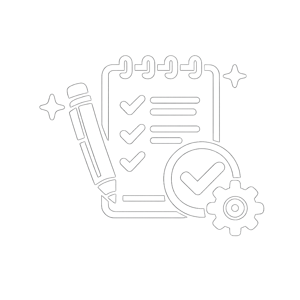 Icon of a checklist on a notepad with a pen, checkmarks, a magnifying glass with a checkmark, and a gear, symbolizing task management or organization.