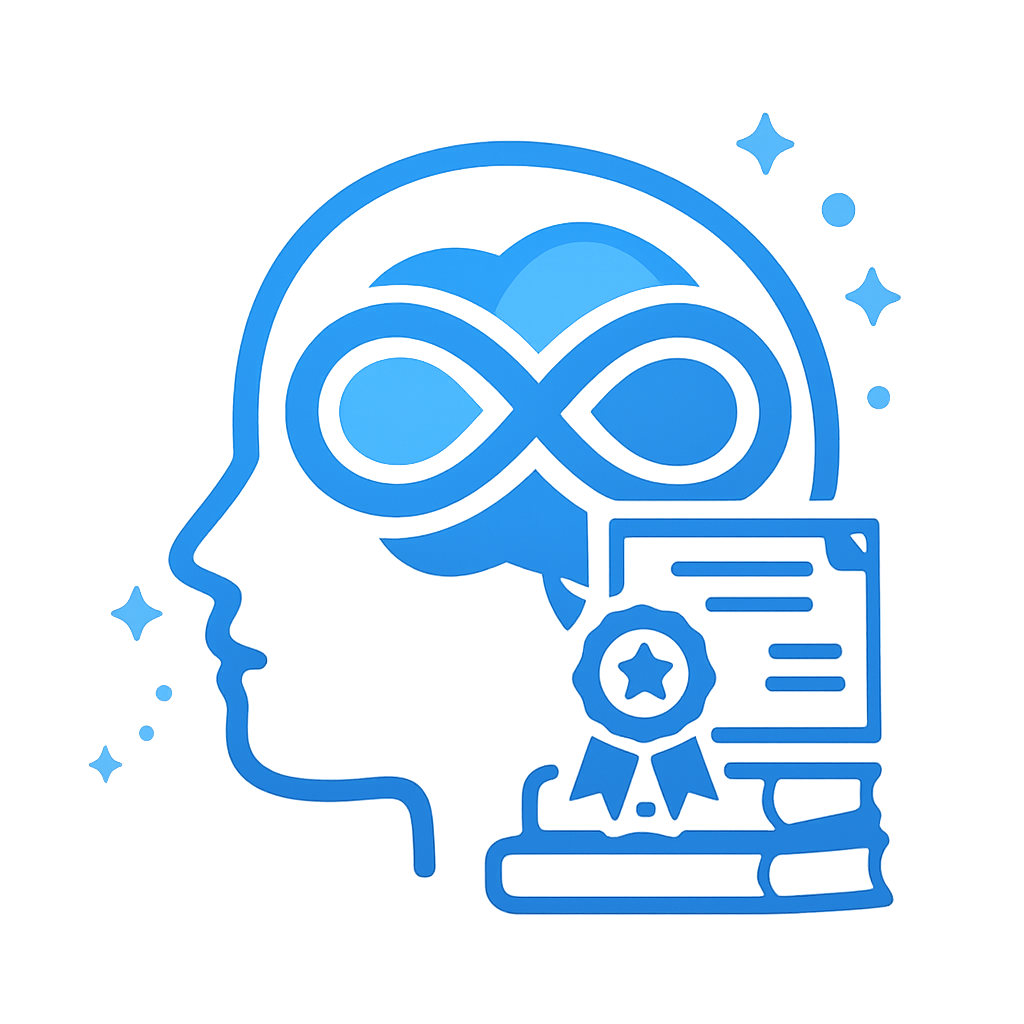 Blue illustration of a human head with an infinity symbol inside the brain area, featuring a diploma ribbon, computer screens, and books, representing knowledge, learning, and artificial intelligence.