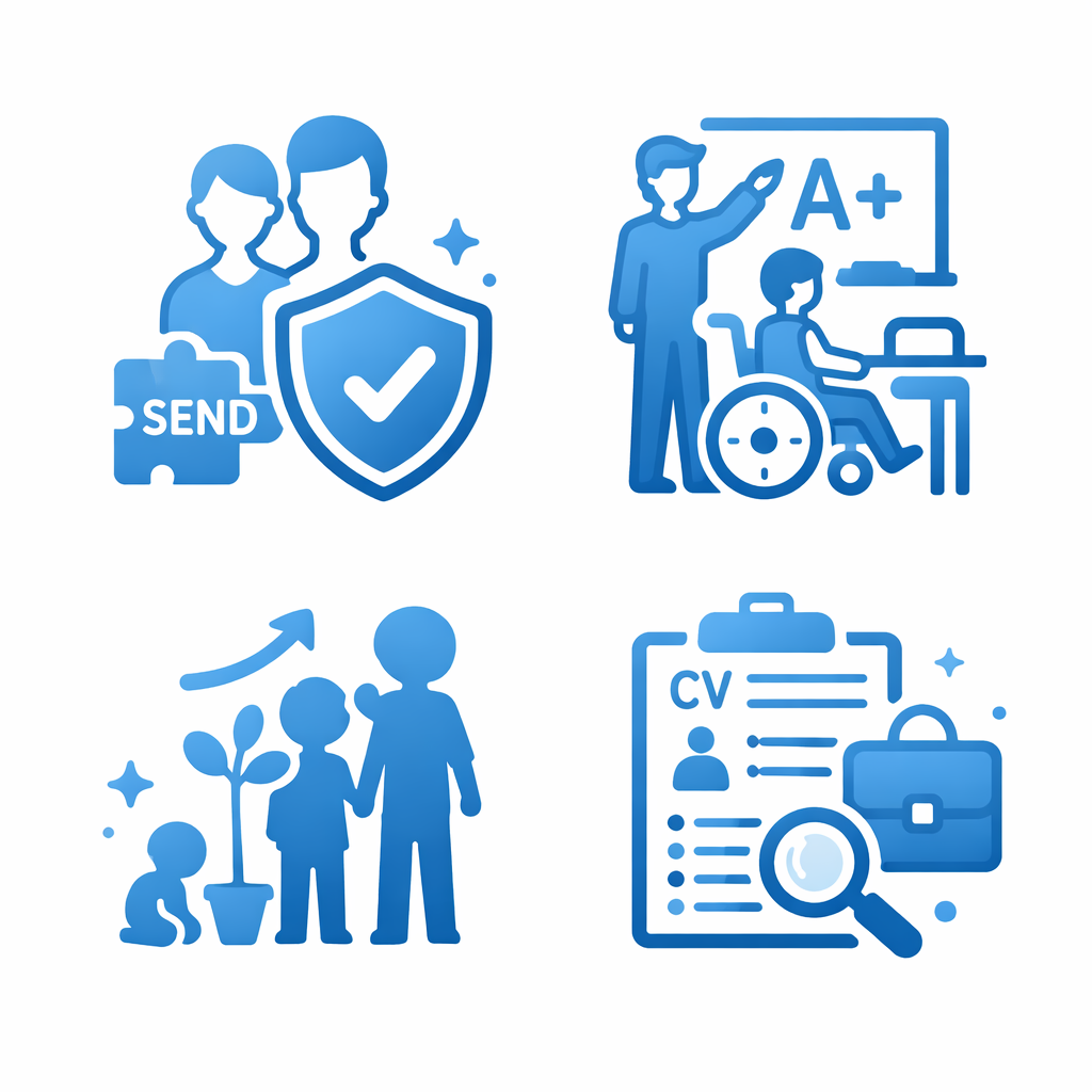 A set of four blue icons representing health and safety themes: Two people with a shield and checkmark and a send puzzle piece, a person teaching or instructing a student in a wheelchair with a grade A+ on a blackboard, a person with a child planting a seedling with an upward arrow, and a resume with a magnifying glass and medical bag.