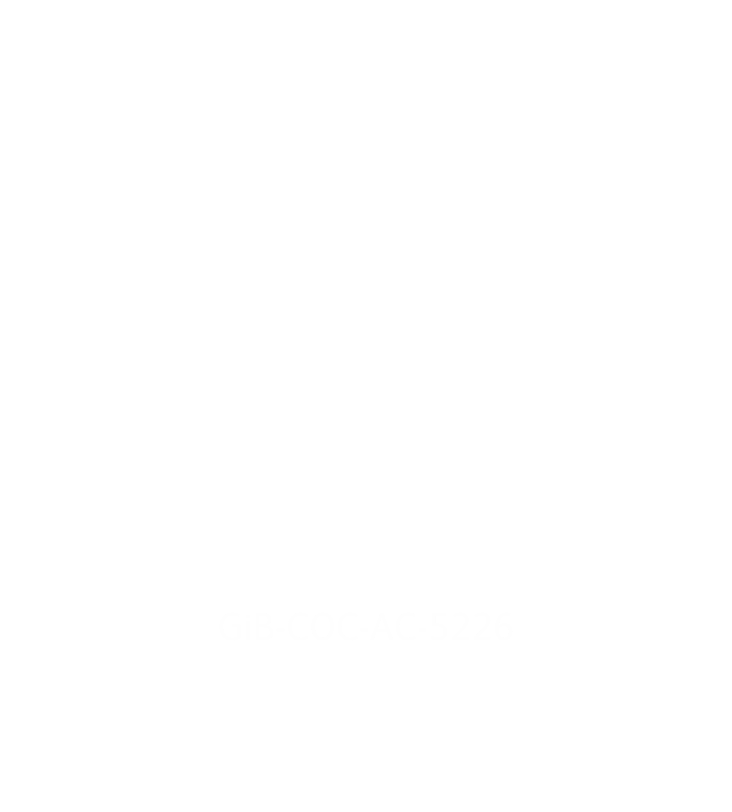 A black background with a white stylized tree and roots symbol. The text reads, 'Grown in Britain' and includes a code 'GiB-COC-AC-5226'.