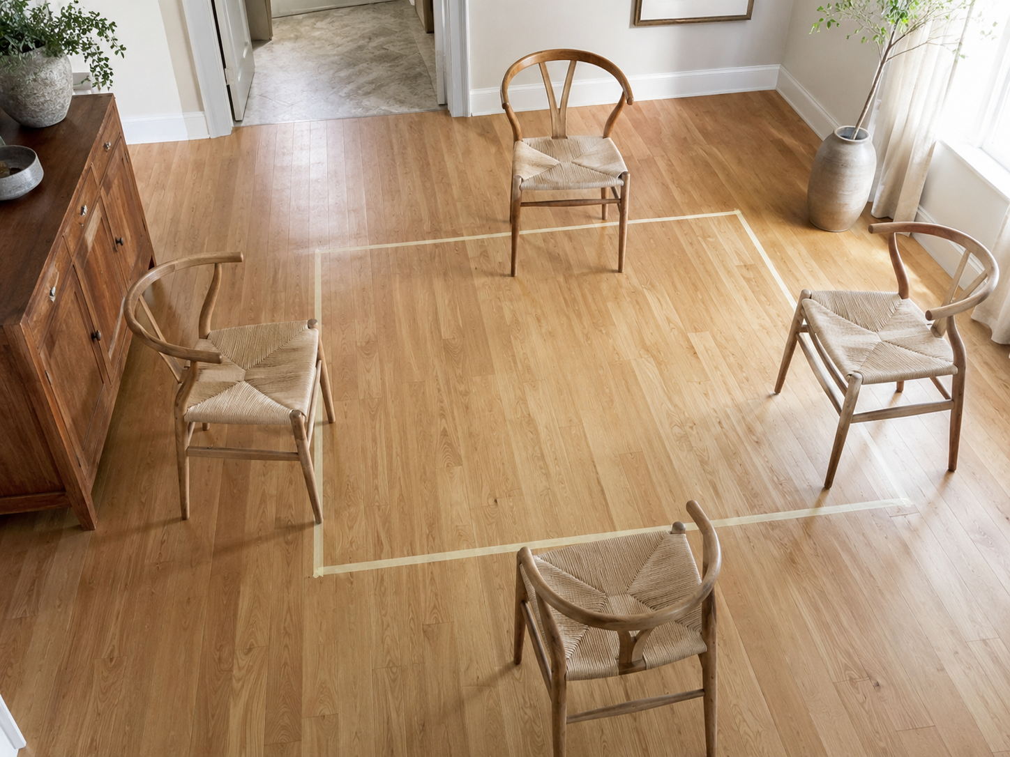 masking tape on floor showing potential location of table