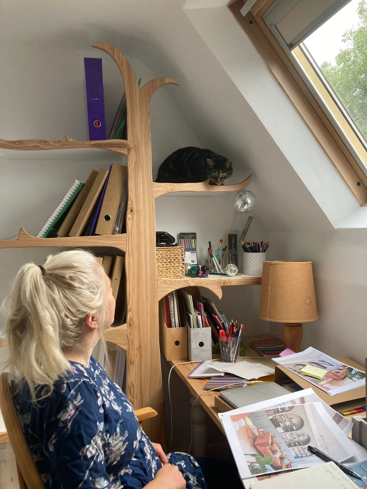 Lara in the Nuthatch Office with Bandit the cat