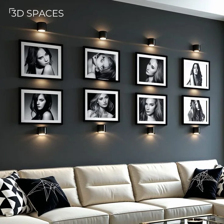 Wall Decor Ideas featuring a modern gallery wall with framed portraits, accent lighting, and a stylish sofa.
