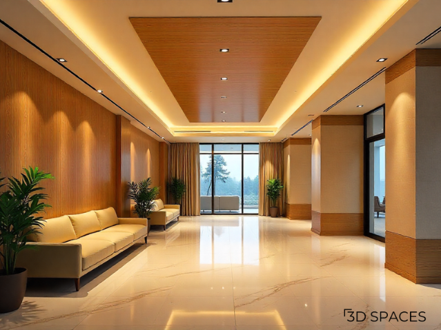 Modern lobby false ceiling design with wooden panel, LED cove lighting, and luxury interior seating area.