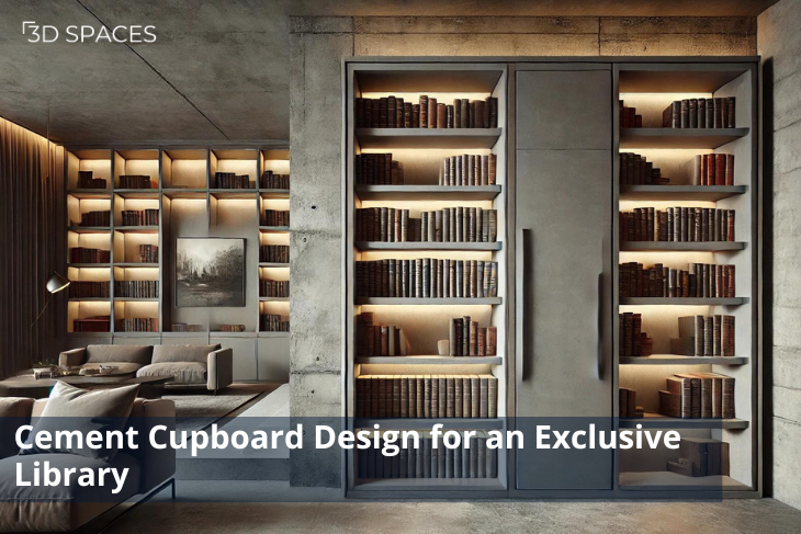 Cemented cupboard designed for an exclusive library, showcasing ample space for books in a stylish setting.