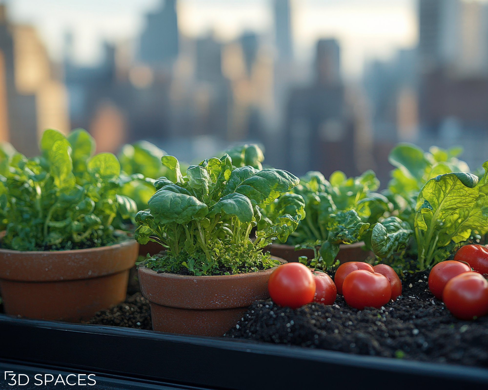Small edible rooftop garden with potted leafy greens and fresh red tomatoes on a balcony overlooking a city skyline.