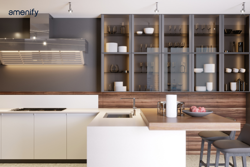 modern glass-front kitchen cabinets with built-in LED interior lighting