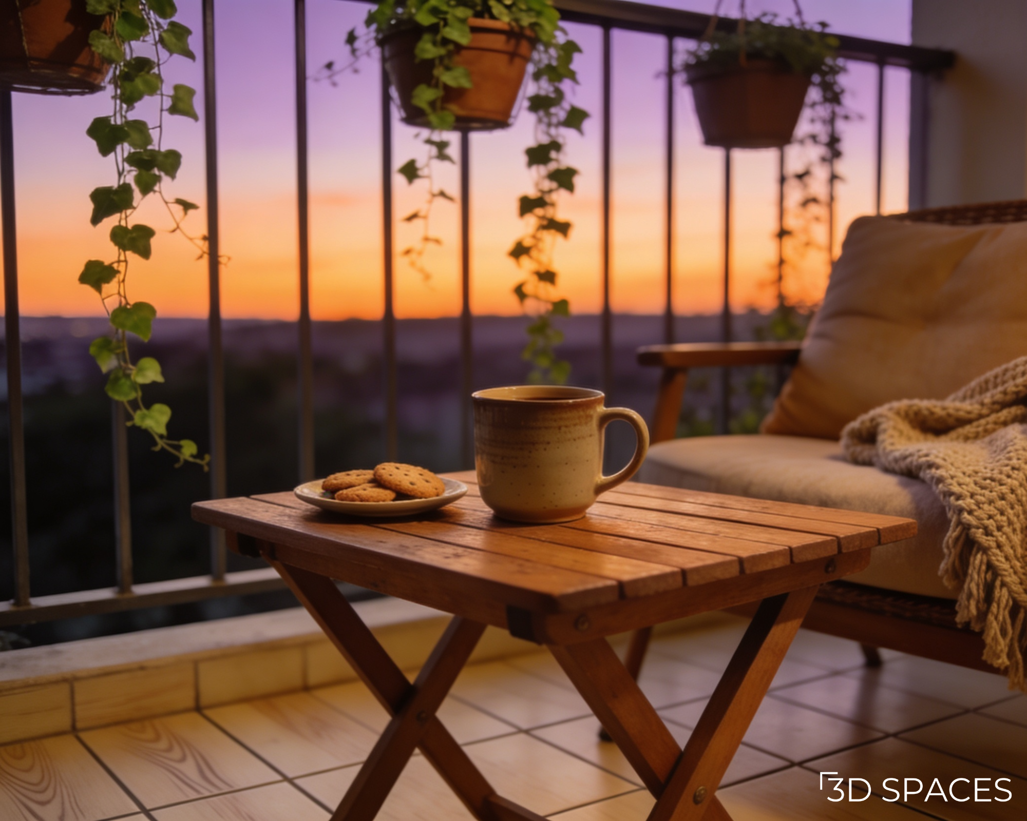Cozy apartment balcony setup with a wooden folding table holding a coffee mug and cookies against a sunset sky.