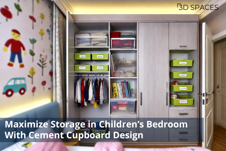 Cement cupboard designed to maximize storage space in children’s bedrooms, perfect for organized and playful decor.